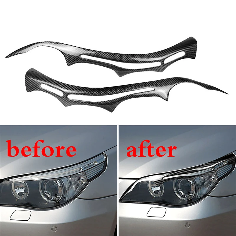 1 Pair Car Stickers Carbon Fiber Headlight Eyebrows Eyelids Front Headlamp Eyebrows Trim Cover for BMW E60 5 Series 2004-2010