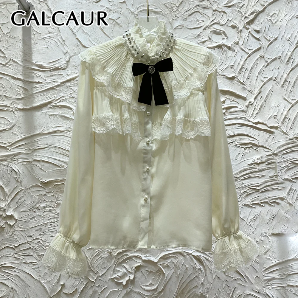 

GALCAUR Solid Spliced Ruffles French Shirt Female Stand Collar Long Sleeve Loose Temperament Elegant Women's Shirts Fashion New