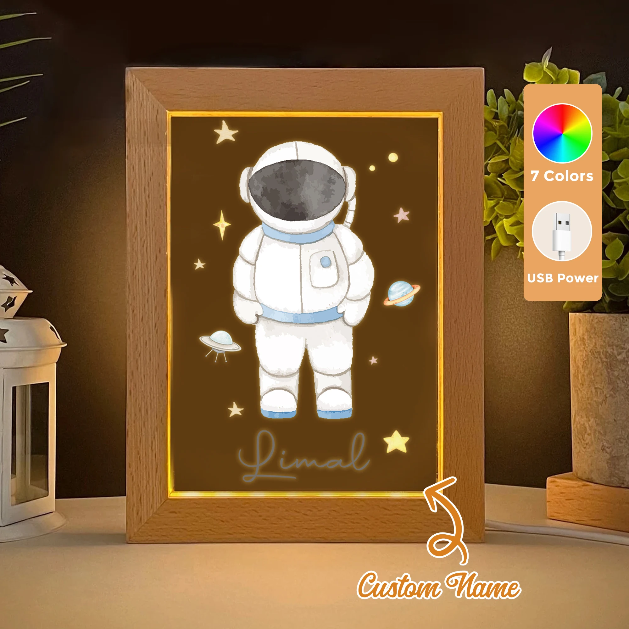 

2D Flat Custom Name Astronaut LED Acrylic Night Light Wood Photo Frame 21x17cm Cartoon Children Bedroom Gifts Home Decor