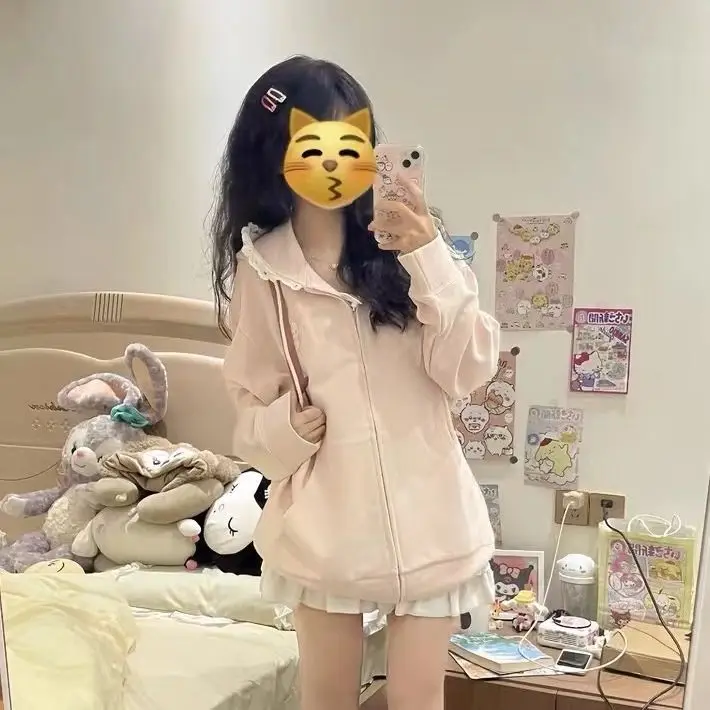 Y2k renda orelha zíper moletom com capuz jaet menina outono inverno japonês sle bonito subcultura otaku topo feminino faion escola orm