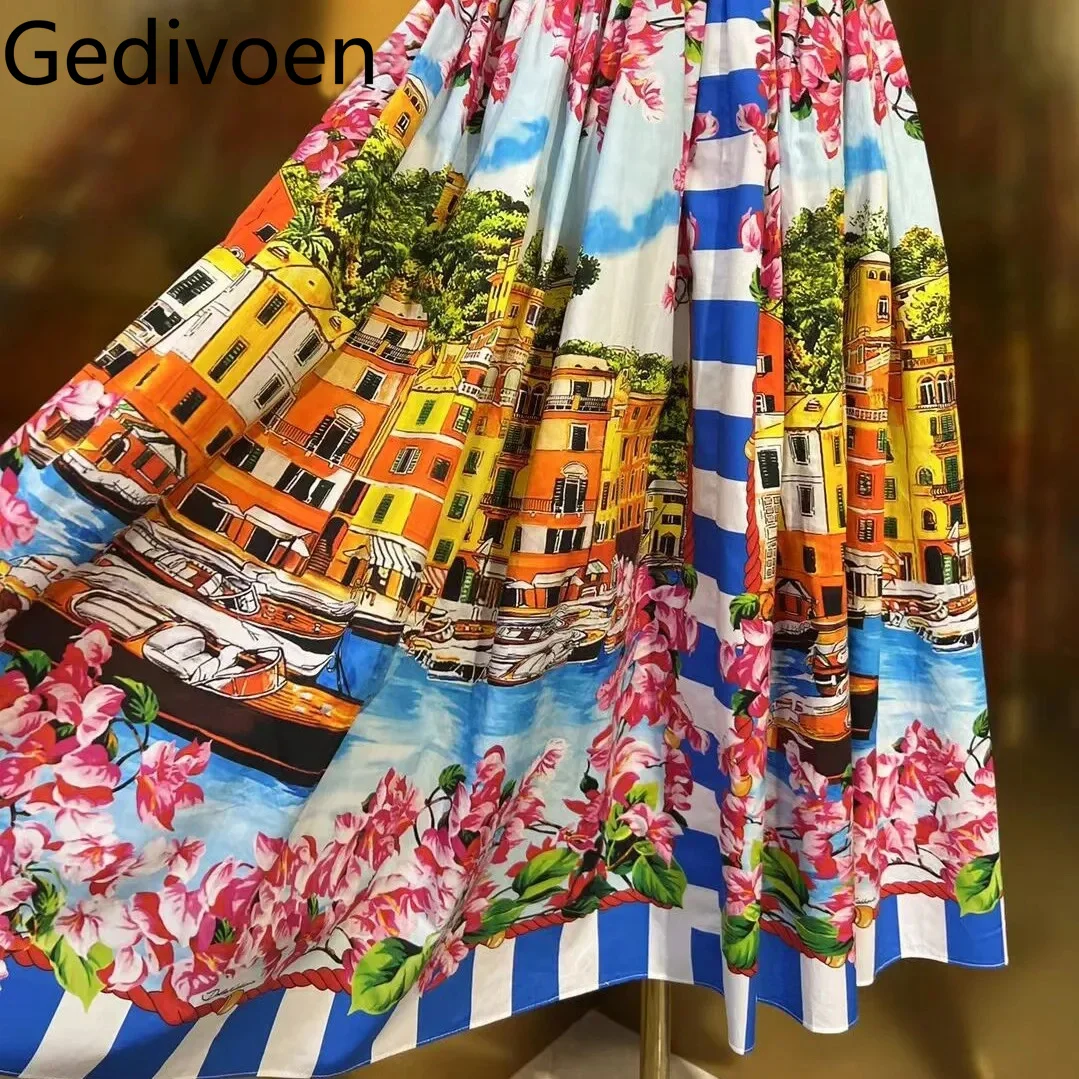 

Gedivoen Fashion Women Pure Cotton Dress Spaghetti Strap Button Urban Landscape Floral-Print Holiday Pure Cotton Dresses
