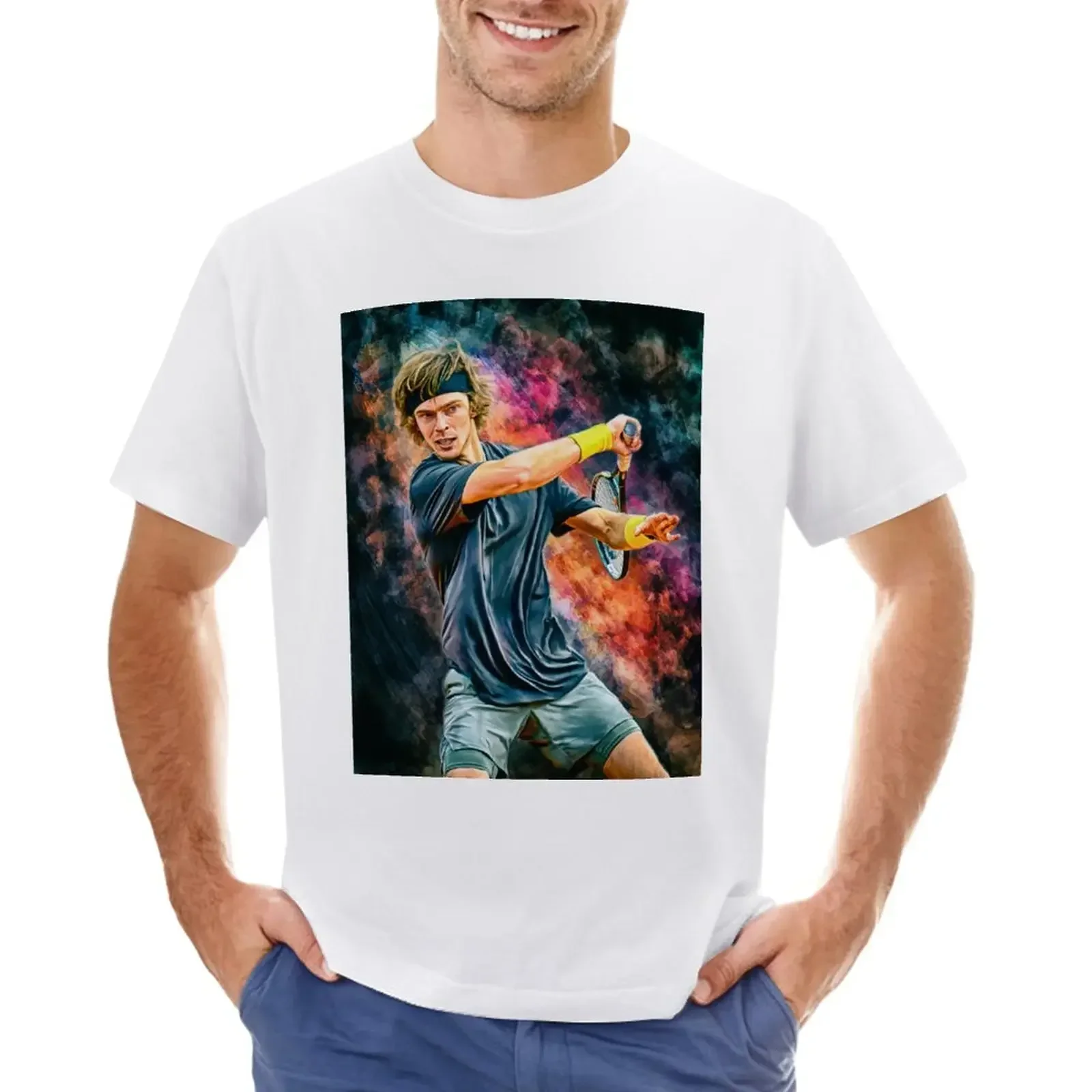 2024 summer funny style Andrey Rublev of Russia plays forehand.emotional Digital artwork poster. Tennis fan art gift T-Shirt new