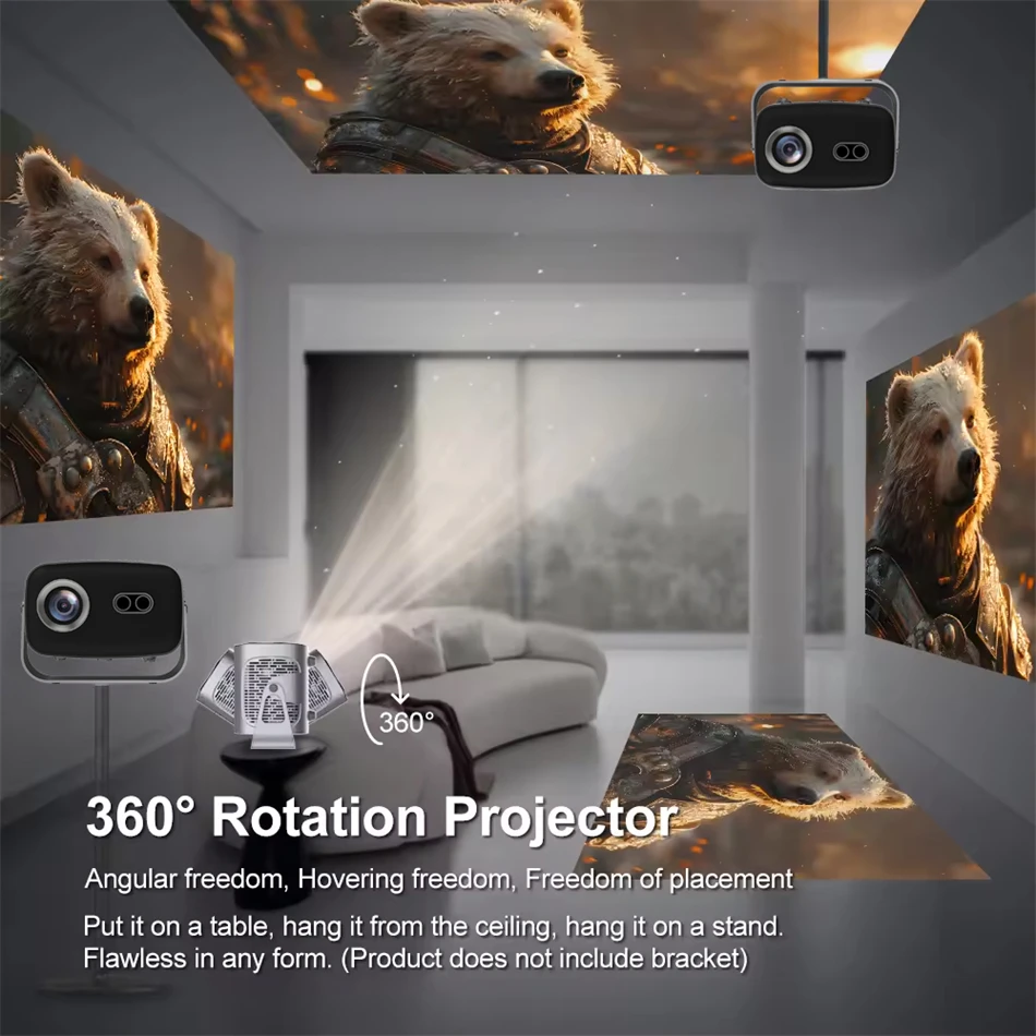 Proiettore nativo KaiAqua 360 °   Ruota 1080P Supporto nativo 4K Messa a fuoco automatica Smart portatile wireless Wifi 6 Android 13 Home Cinema TV