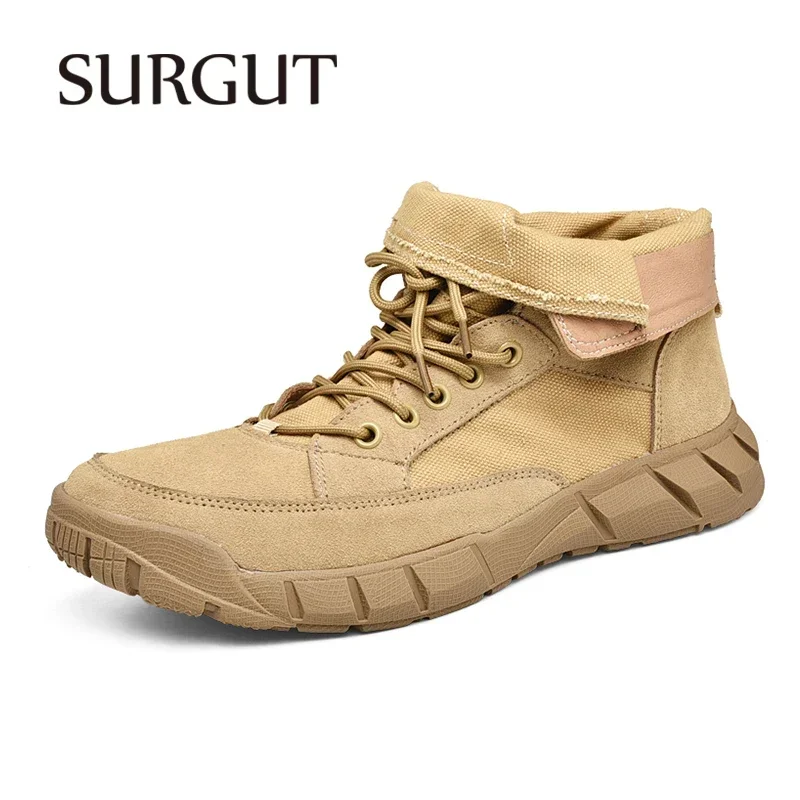 SURGUT Unisex Men's High Top Boots Fashion Motorcycle Ankle Boots Men Lace-Up Leather Shoes Mate New Boots