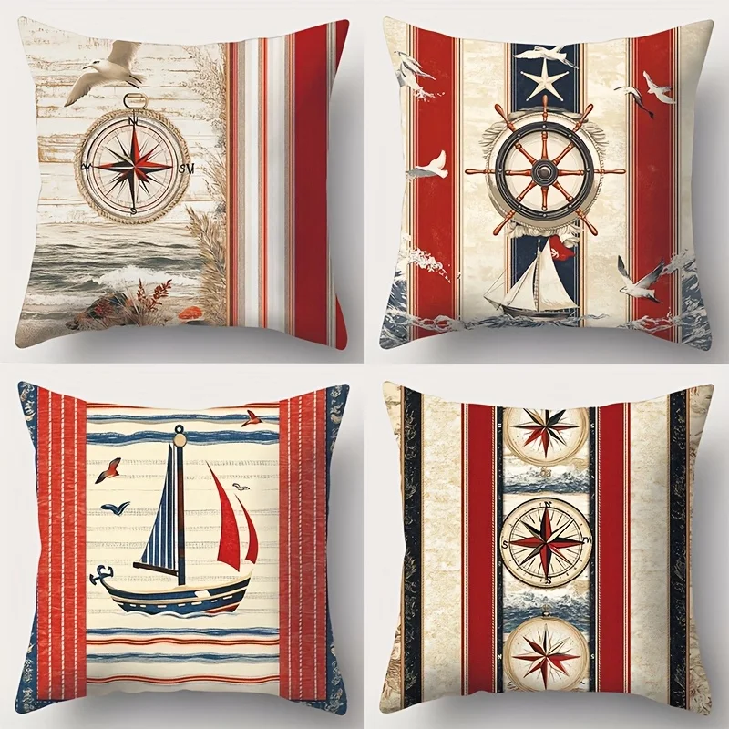 4Pcs Coastal Striped Throw Pillow Covers with Antique Ship Compass Ocean Bird Art Cushion Cases for Balcony Patio Garden Home