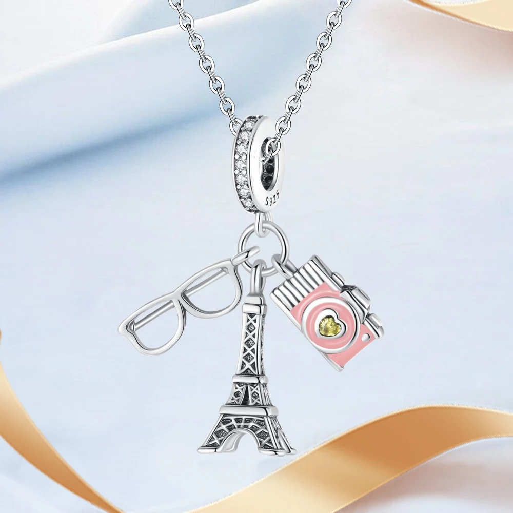 Trendy 925 Sterling Silver Glasses Pink Camera Eiffel Tower Triple Charm Fit Pandora Bracelet Women's Photographer Party Accesso