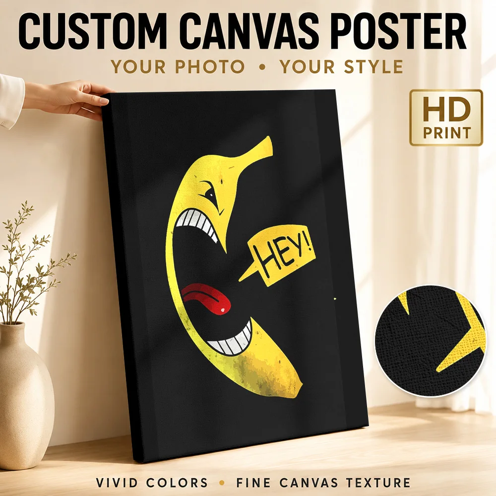 Angry Banana Saying Hey Framed Canvas Print Personalized Photo Detailed Illustration Wall Art For Bedroom, Housewarming Gift