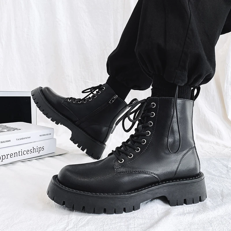 

mens leisure party banquet dress cowboy boots black genuine leather shoes lace-up handsome platform boot youth short botas mans