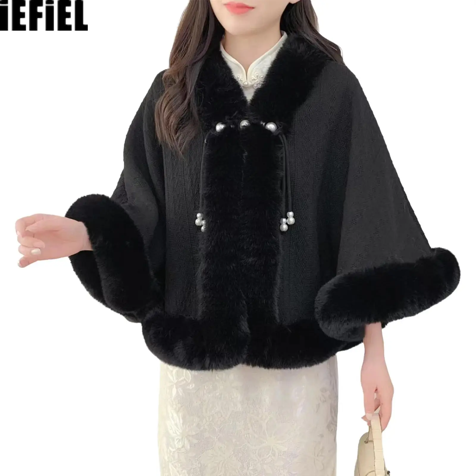 

Womens Open Front Cape Cardigan Faux Fur Trim Sweater Coat Wedding Bride Cloak Cape Shawl for Evening Party