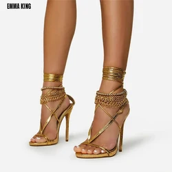 Summer Metal Chain Pointed Toe Sandals for Women High Heels Sexy Gold Belt Buckle Summer Shoes Stiletto Sandals 44