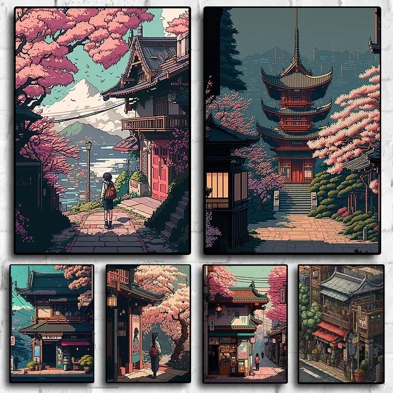 Japan Straßenbild Bauen 80er Jahre Retro Pixel Kunst Home Wand Dekor Anime Bilder Für Wohnzimmer Leinwand Malerei Druck Poster geschenk