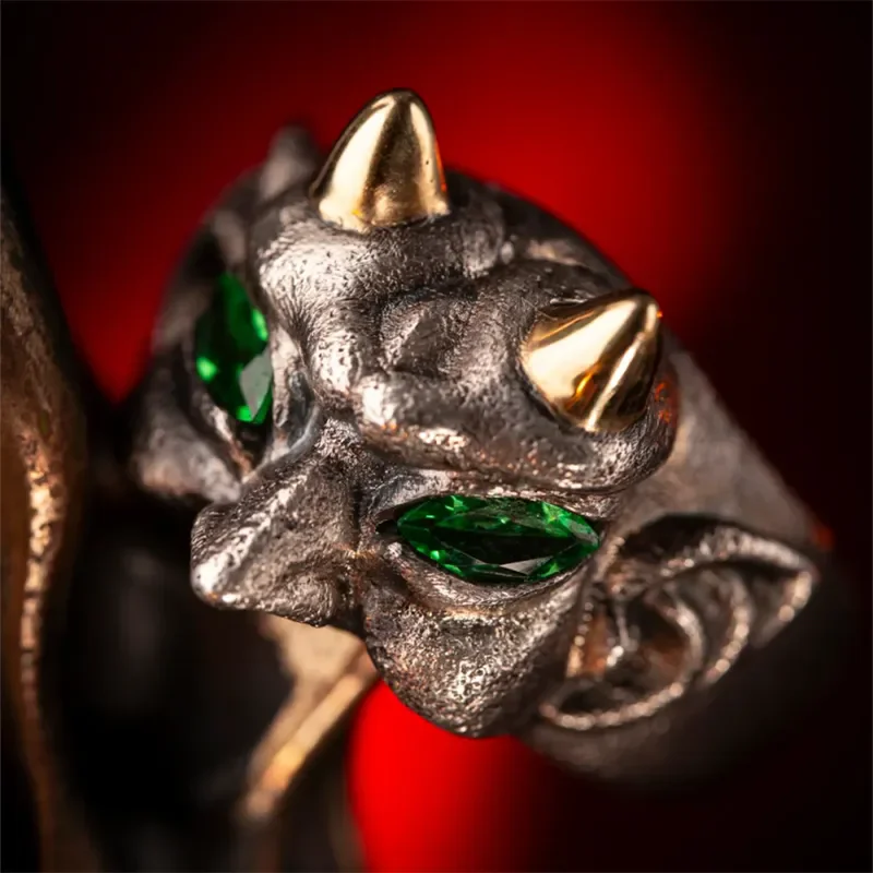 Europe and America Retro Silver Color Red, Green Eyed, Gold Color Horned Demon Ring Men's Rock Hip Hop Punk Party Jewelry Ring