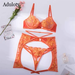 Aduloty Women Sexy Lingerie Underwire Orange Bra Exquisite Embroidered Mesh garter With Thong Three Piece Set