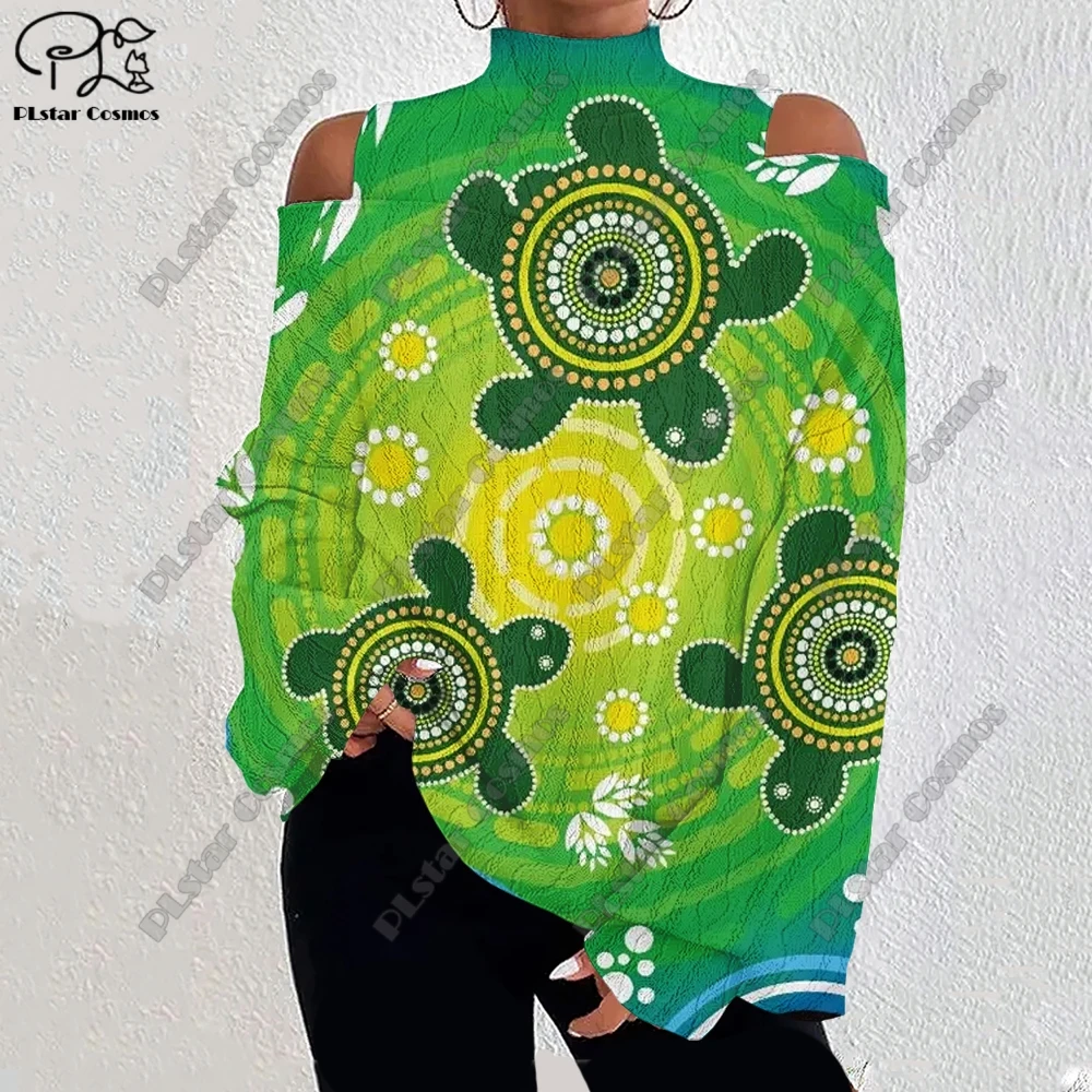 3D Printing Retro Aboriginal Series Tribal Turtle Art Pattern Women's Lantern Sleeve Off Shoulder Textured Casual Long Sleeve F2