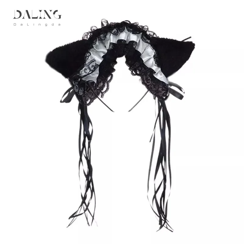 Diadema de encaje Sexy con volantes para mujer, cinta con orejas de gato de peluche, campana, aro para el pelo de Cosplay de Anime Lolita