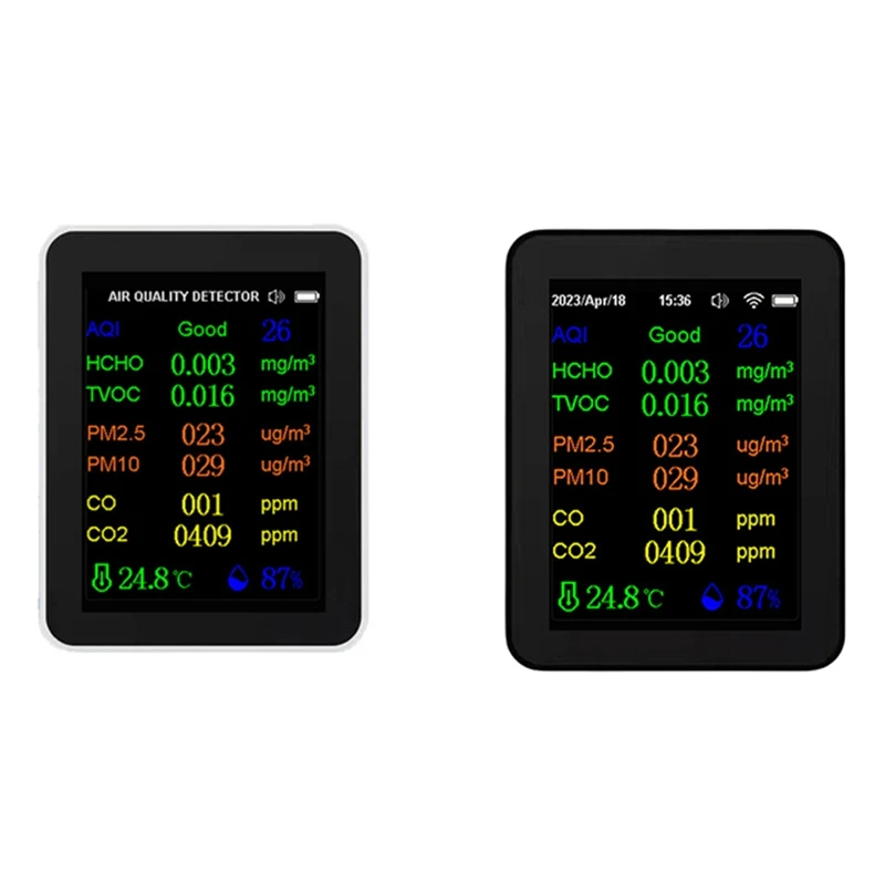 

Монитор качества воздуха 12 в 1 с дисплеем времени/даты WIFI PM2.5 PM10 CO CO2 TVOC HCHO AQI тестер, черный