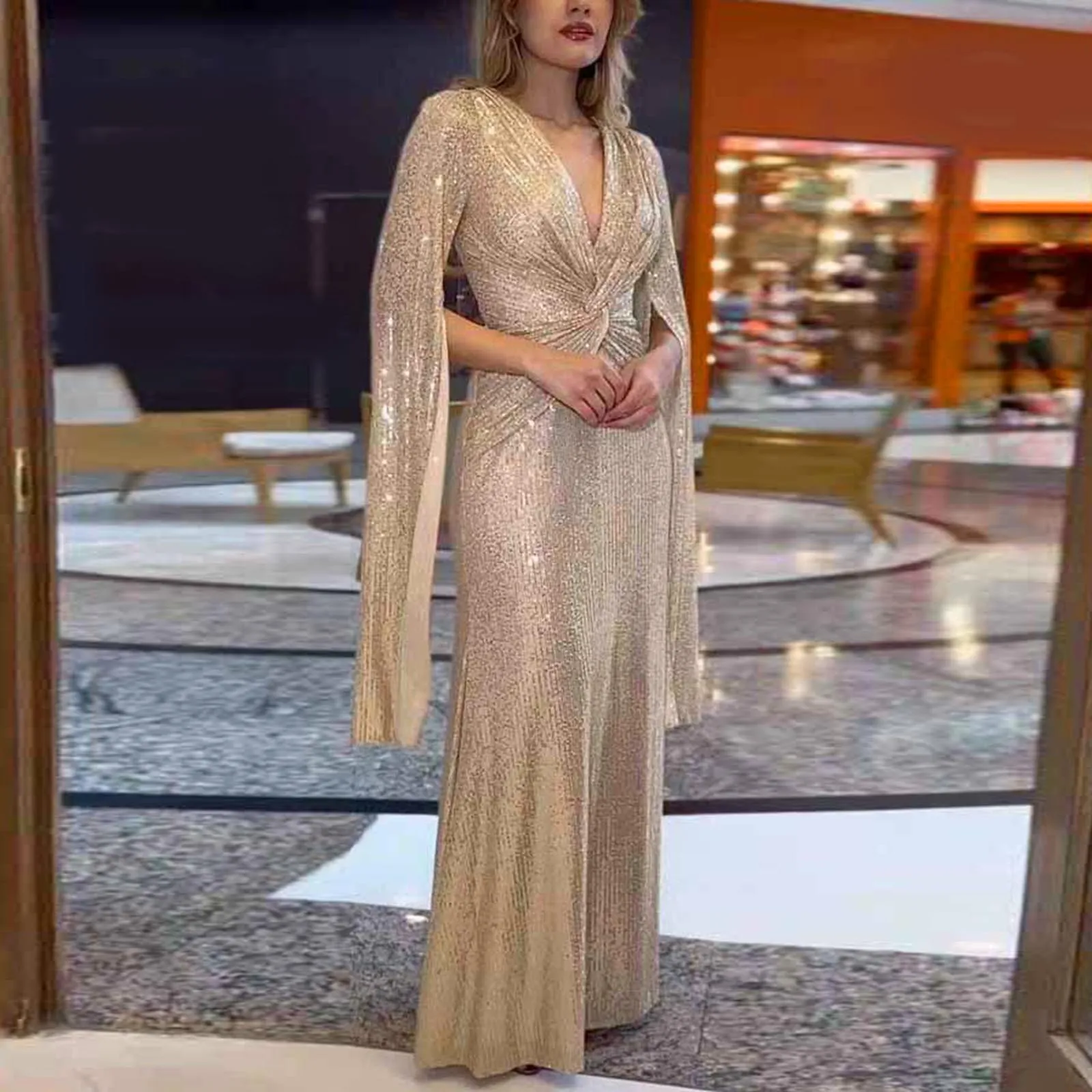 

Formal Wedding Bridesmaid Maxi Dress Sequin Long Sleeve Deep V Neck Dresses Party Elegant Cocktail Evening Gown Dress Women