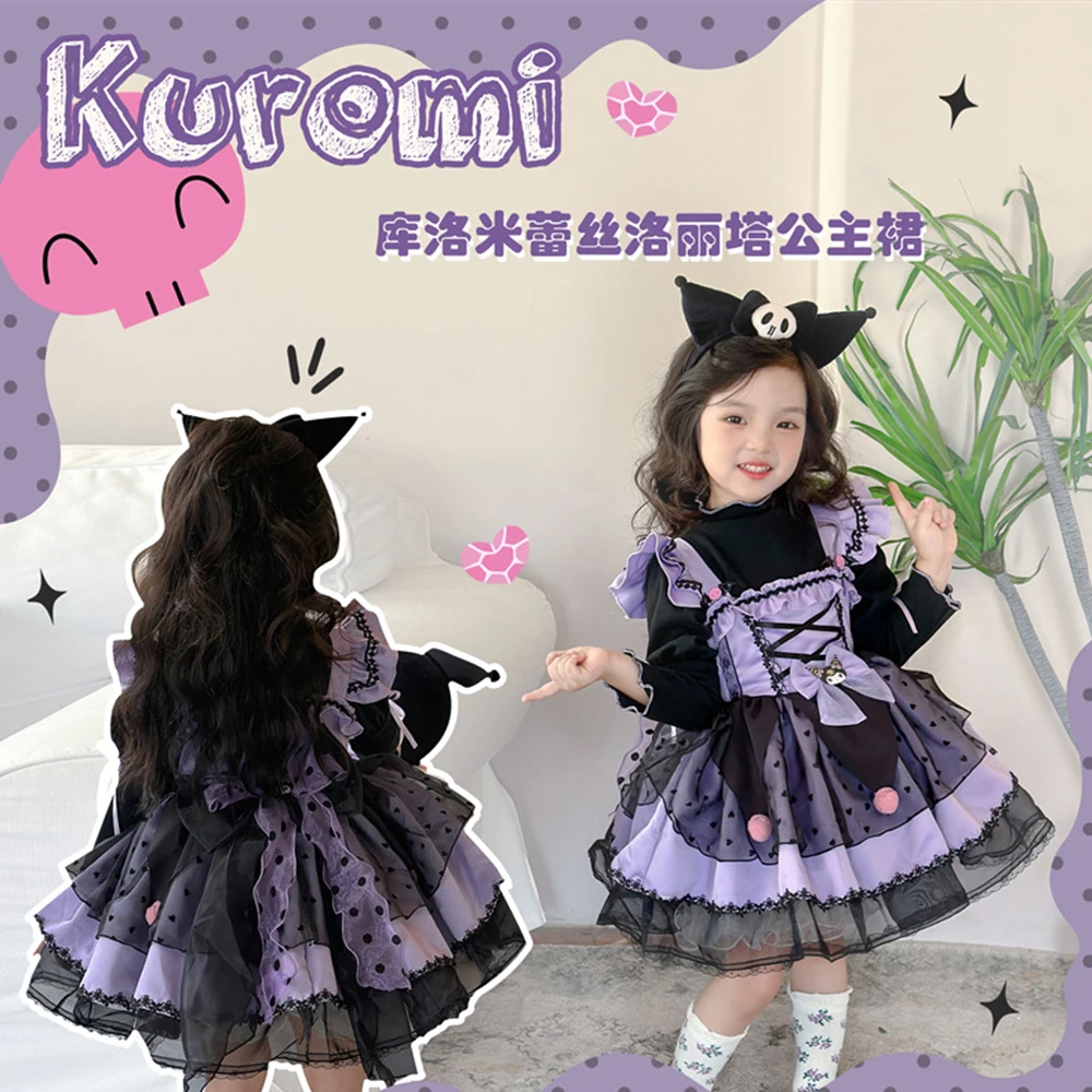 Girl Cartoon Lolita Dress Sanrios Kuromi Spring Autumn Kawaii Birthday Party Role Play Tutu Dress Child Dress Halloween Gift