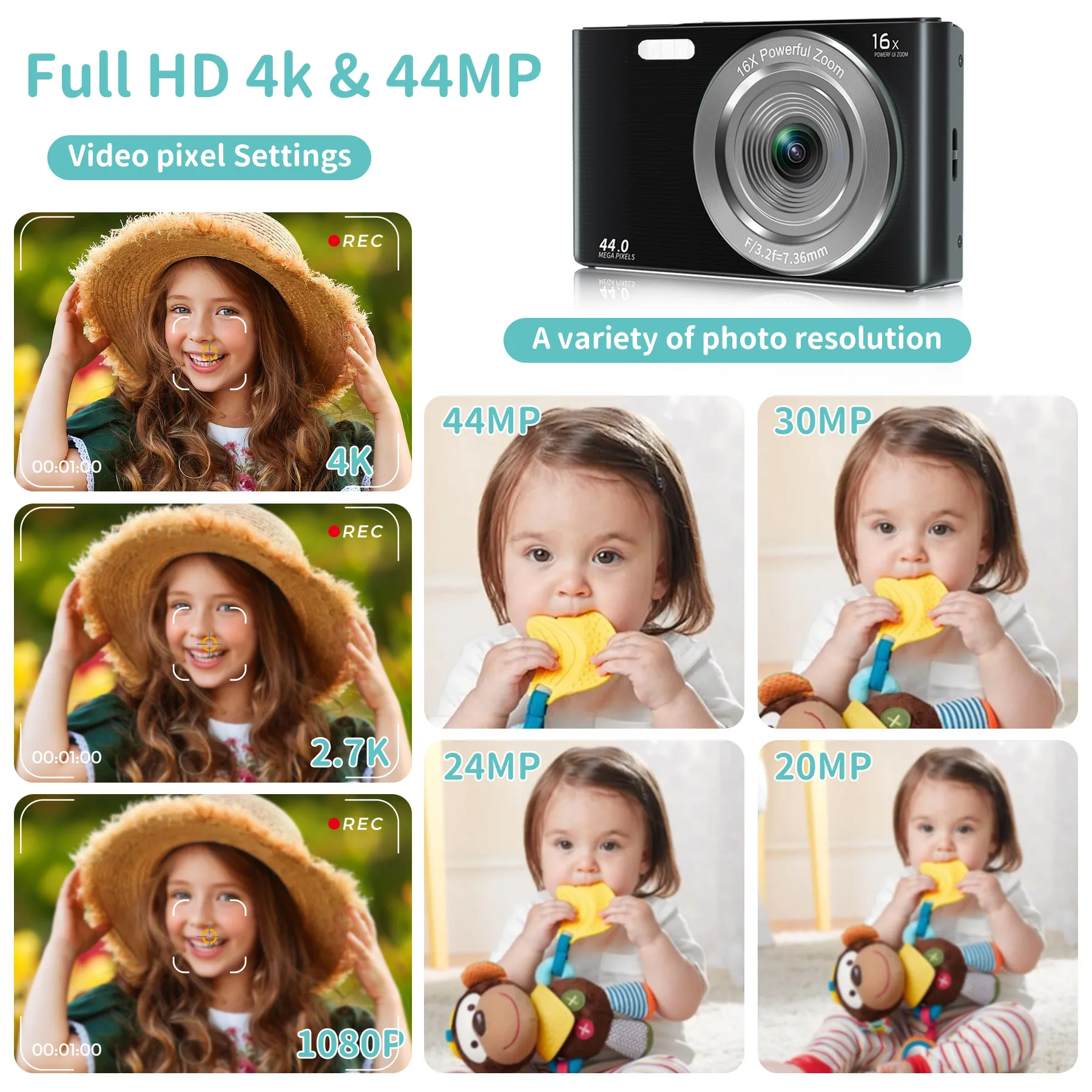4K Digital Camera Autofocus 44MP Vlogging Camera, HD Camera for Photography, Portable Cam for Kid Adult, 2.4" Screen, 32GB Card