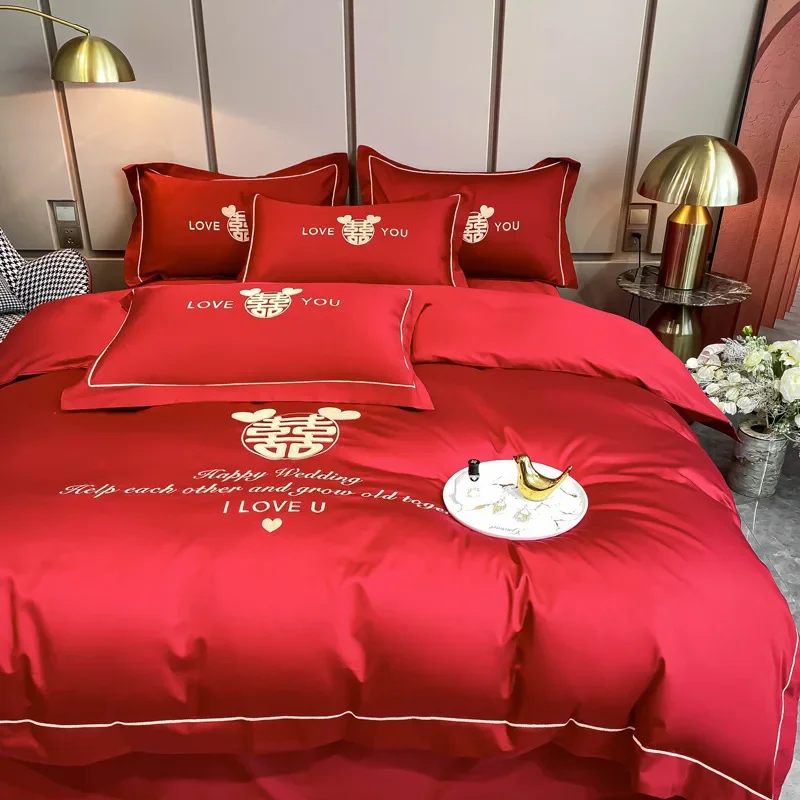 Wedding Four Piece Set of All Cotton Wedding Bedding Red Festive Embroidered Duvet Cover Long Staple Cotton All Year Round