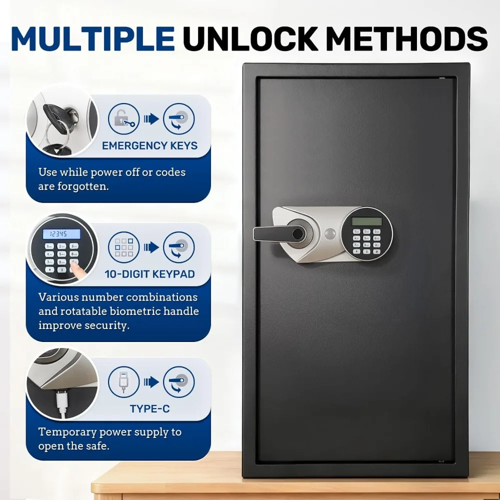 Großer Safe für Zuhause, 3,9 Cub-Fingerabdruck-Sicherheitssafe mit LCD-Display, Dual-Alarm, verstellbare Regale, Wandmontage, Sicherheitsbox