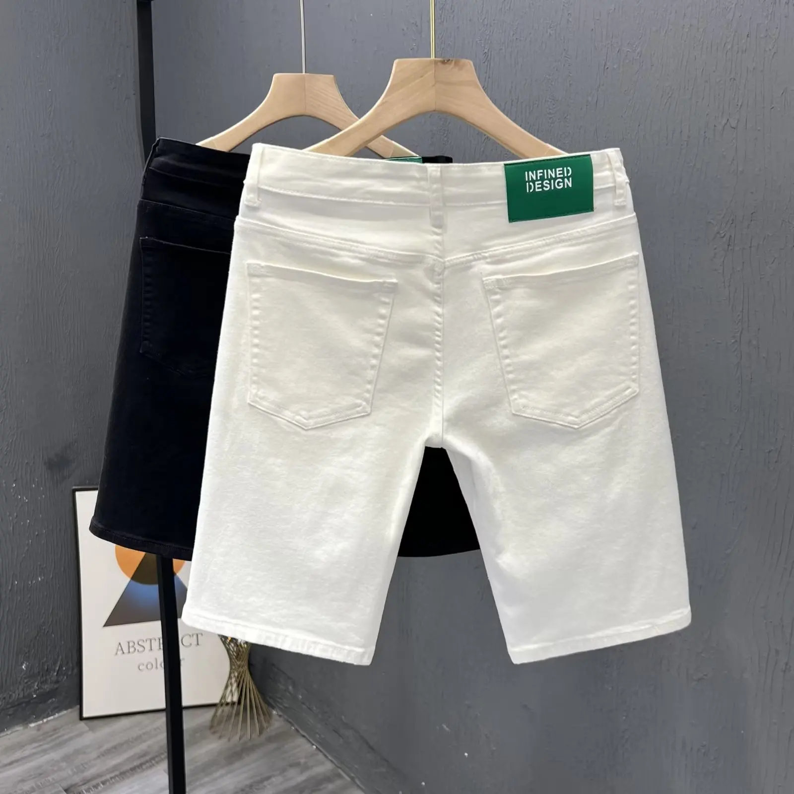 

High-End Simple Pure Color Men's Denim orts Slim Fit Lightweight Summer Faionable Casual Pants Five-Quarter Length White
