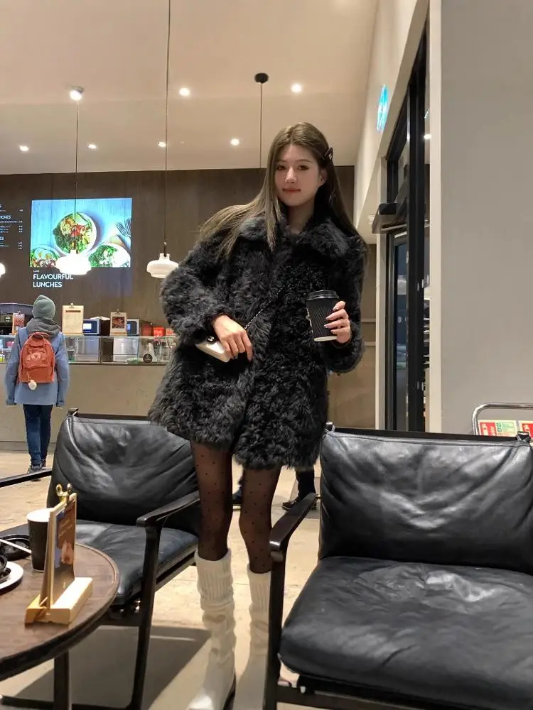 Экологичное пальто из искусственного меха, шерстяное пальто с плюшевым мишкой, длинное свековое корейское пальто для поездок на работу, свободная посадка средней длины