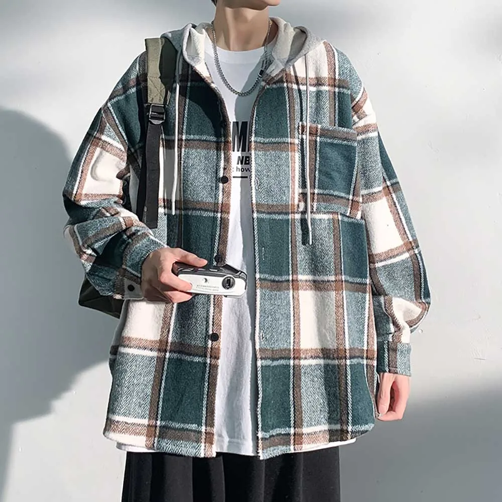 Fashion Autumn Woolen Plaid Brushed Hooded Shirt Men Casual Coat Loose Baggy Streetwear Jacket Clothing