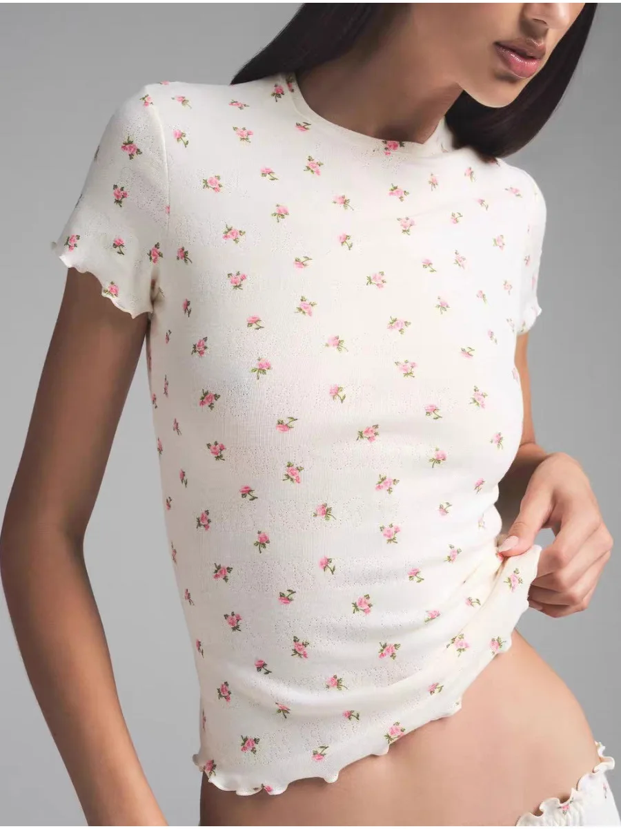 

Kardaian Sle Floral Print T-irt round Ne ort Sve Spring Summer Casual Women's Top Wooden round Ne Design