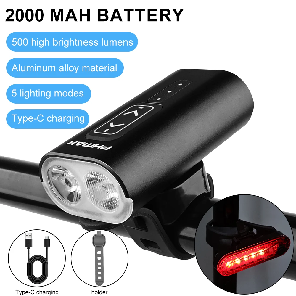 

PHMAX 2000MAH bike light Front light bicycle bike accessories Bicycle lights rechargeable usb Bike lights set with indicators