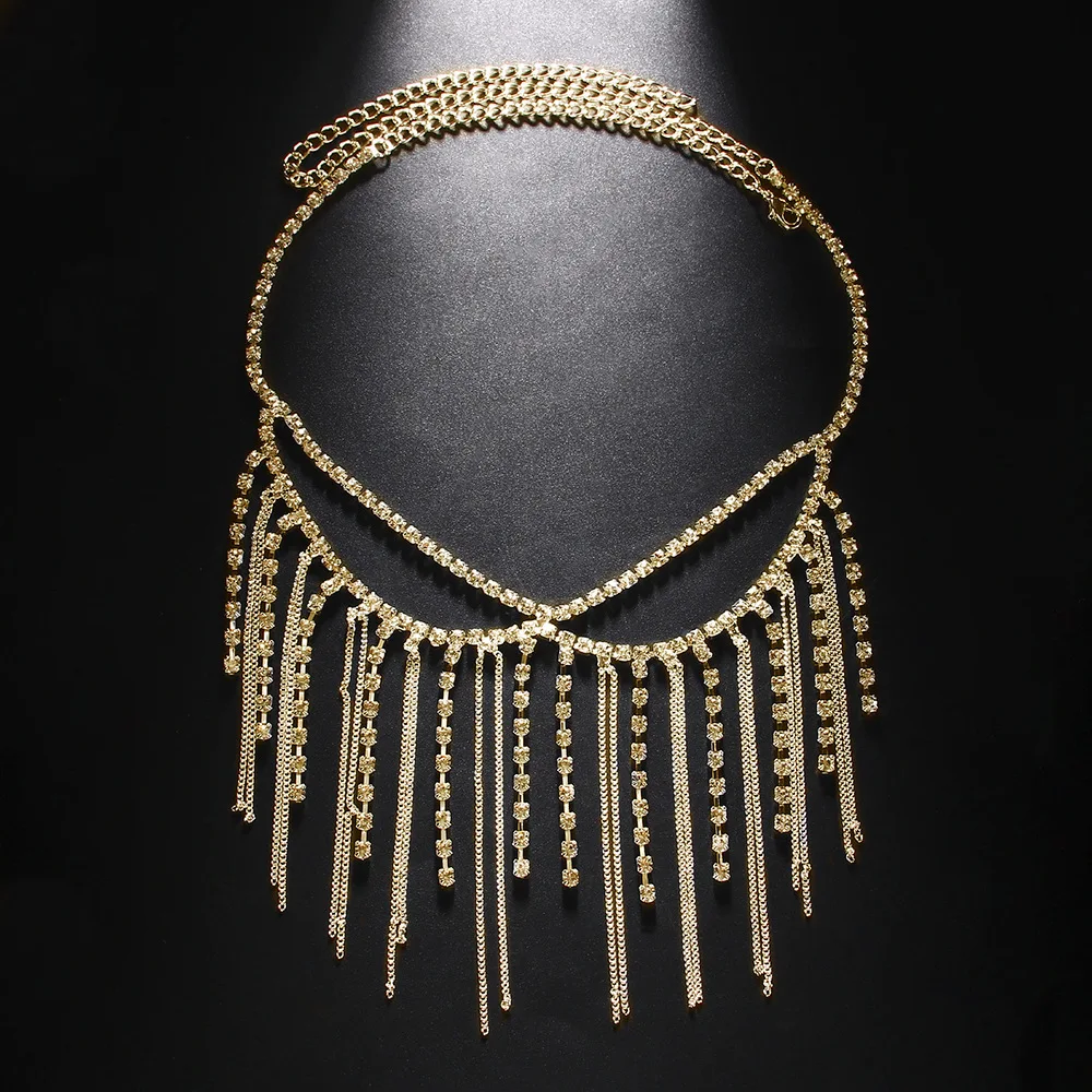 Fashion Rhinestone Tassel Mask Metal Chain Face Decoration Halloween Luxury Double-deck Crystal Veil Mask Belly Dance Jewelry