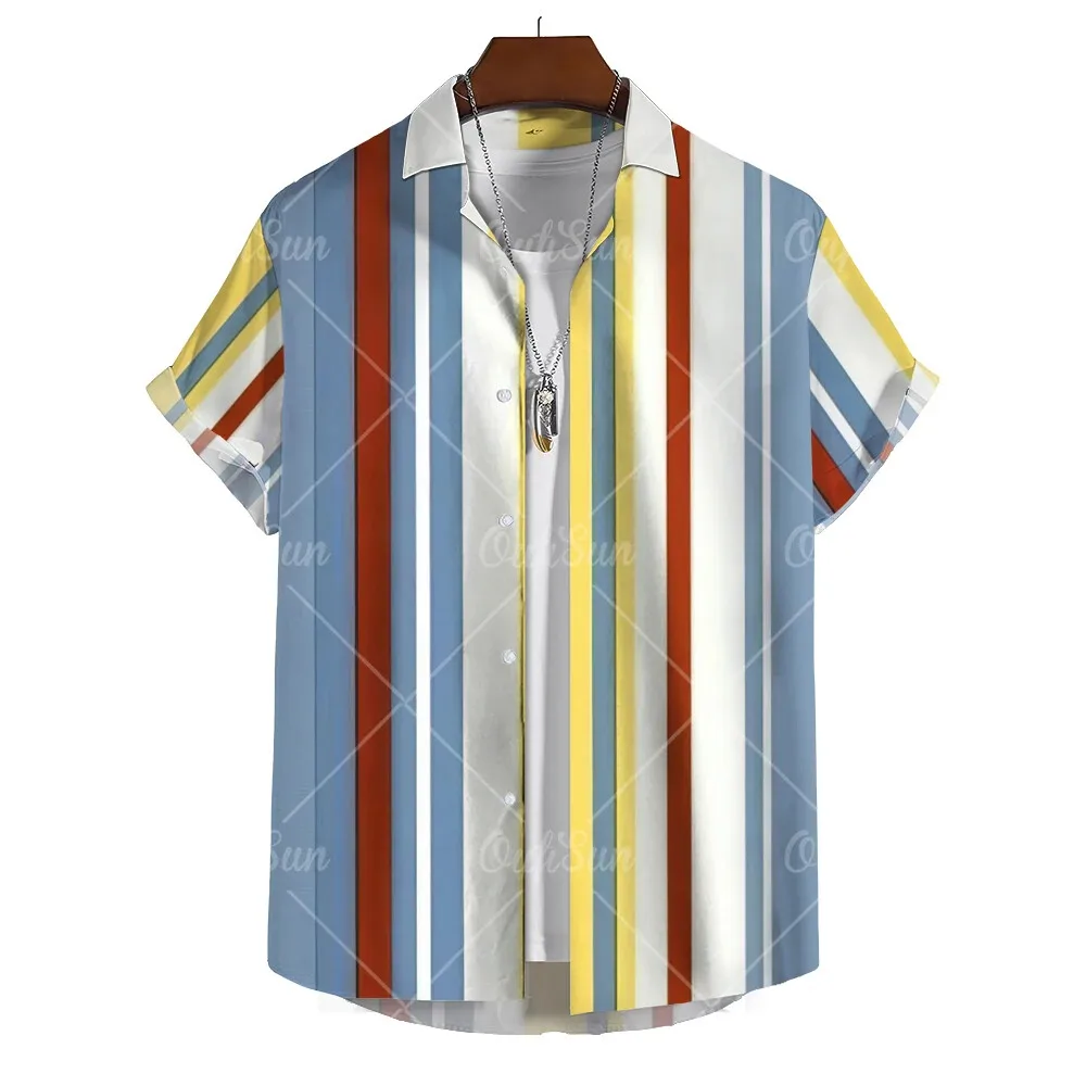 Summer Fashion Stripe Print Men\'s Casual Short Sleeve Shirt Daily Casual Business Wear Tops Oversized T-Shirt Size S-5XL