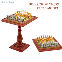 1Set 1:12 Dollhouse Miniature Alloy International Chess Set Checkerboard Chess Table Set Soldier Scene Model Home Decor Kids Toy