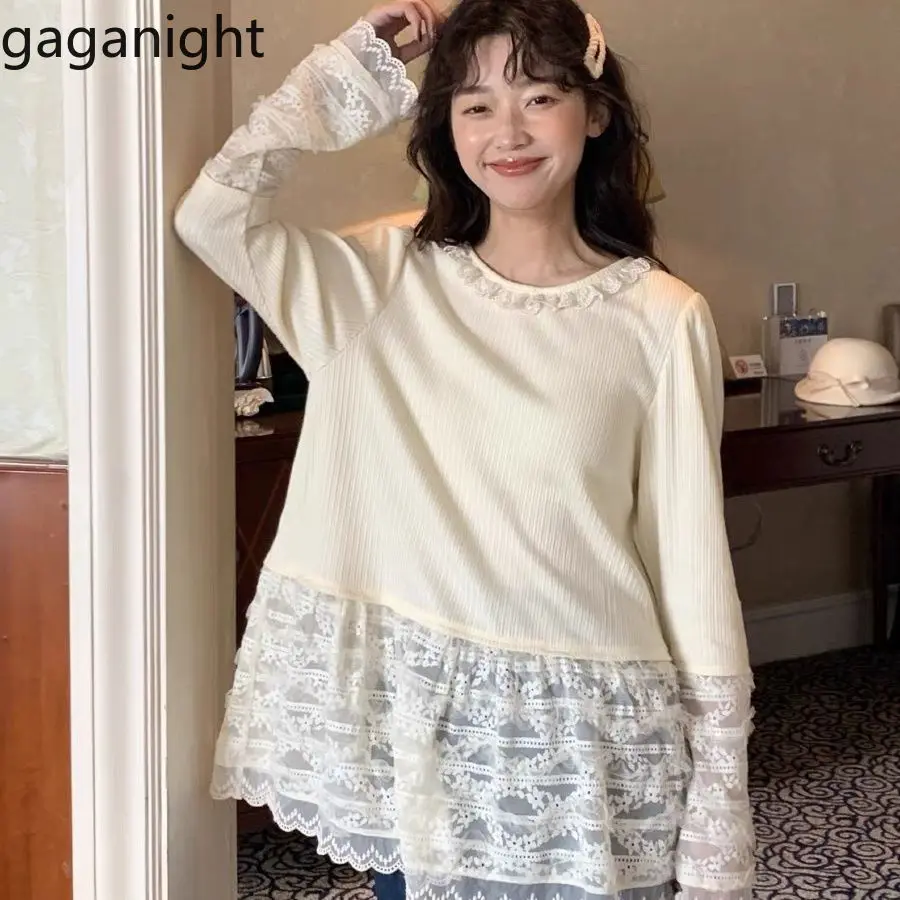 Gaganight Women Lace Collar Top 2024 Women's New Patchwork Hem Sweet Cute Texture Hollowed Out Lace Knitted Bottom Shirt Female