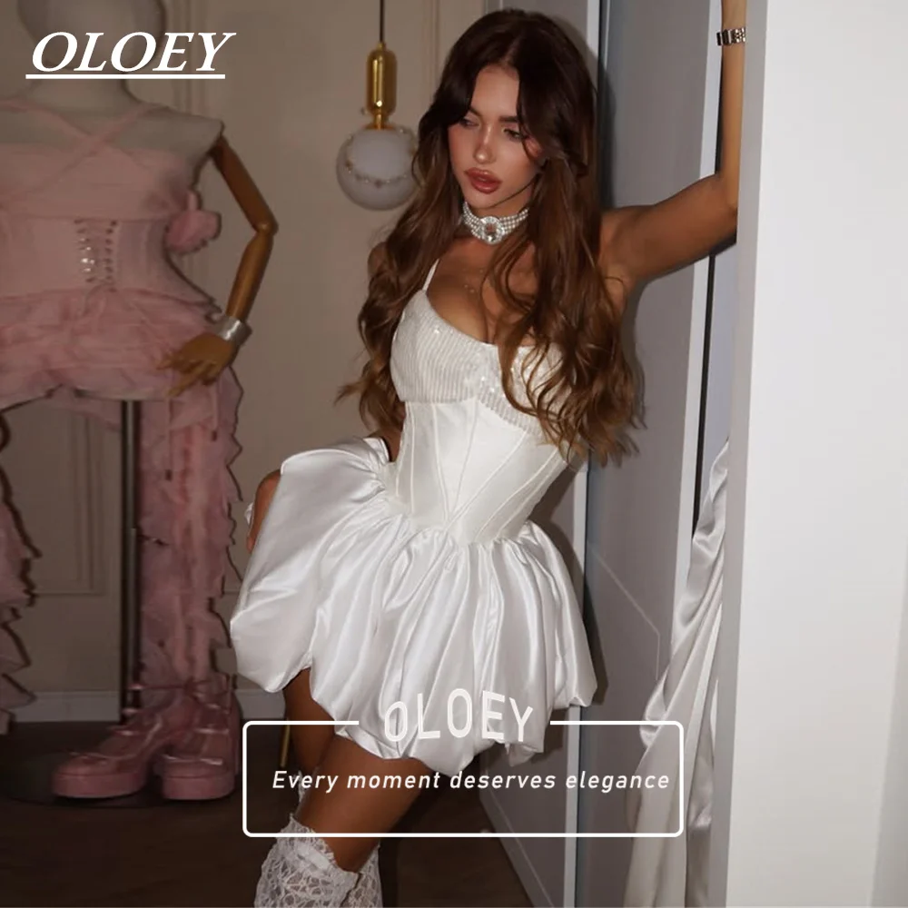 OLOEY Modern Satin Short Wedding Dress Sequin Detail Puffy Spaghetti Strap Corset Bridal Gown 2027 Robe De Mariage Customized