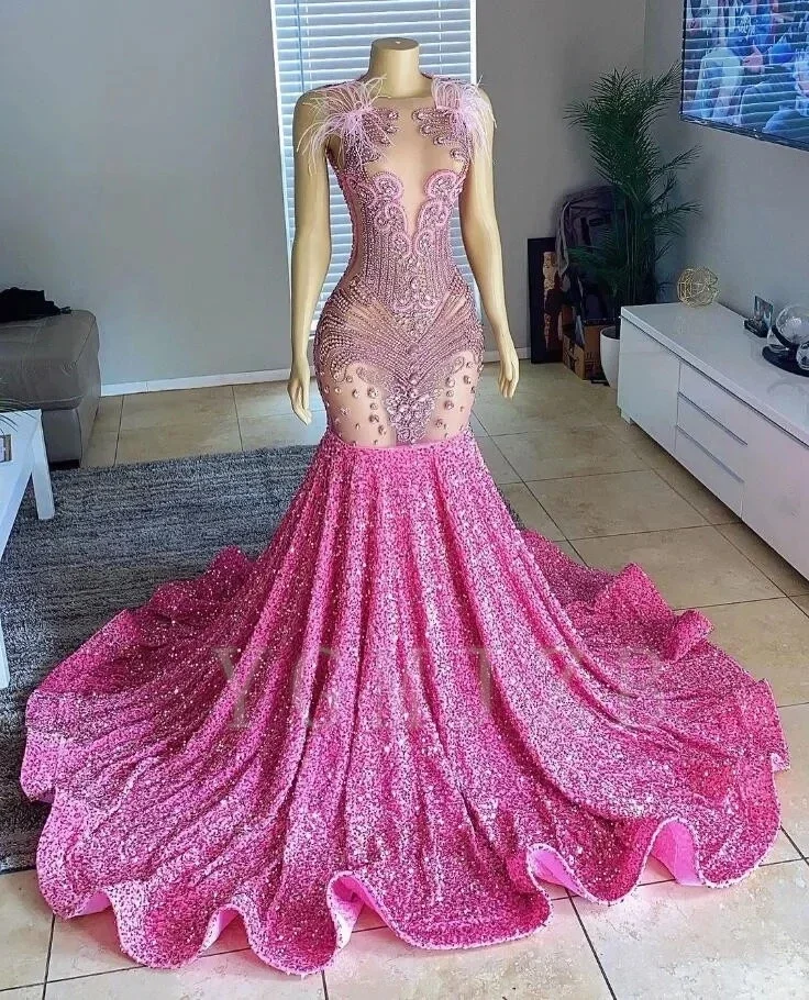 Pink Long Prom Dress Black Girls Luxury 2015 Rhinestone Beads Festher Formal Evening Party Gala Dress Graduation Gown Customized