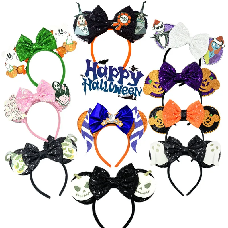 New Mickey Mouse Headband Bat Pumpkin Sequin Bow Halloween Ears Hairband Festival Party Cosplay For Girl Wonman Hair Accessories