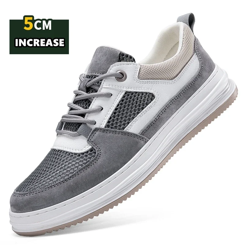 

Men Casual Elevator Shoes Lace Up Hollow Breathable Comfortable Sneakers Cow Leather+Mesh Increase Insole 5cm Lift Sports Taller