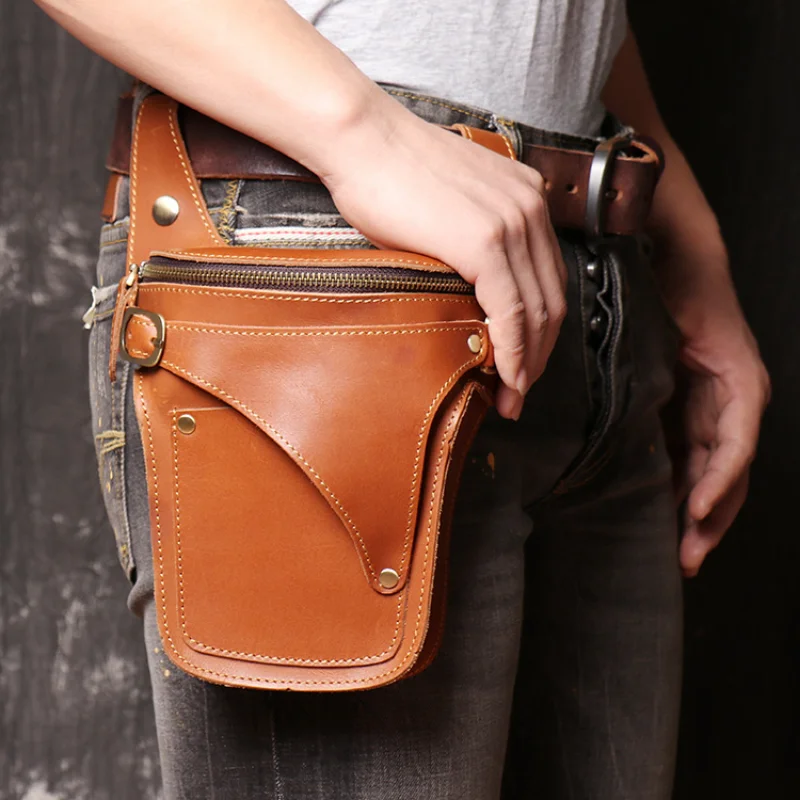 Men's top leather belt waist bag with large capacity multi-function leather mobile phone bag