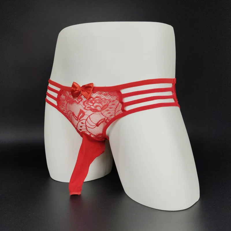 

Four-Strap Lace Plus Size Bow Men's Jj Set Triangle Sexy 5 Colors Men's Mesh Low Waist Underwear