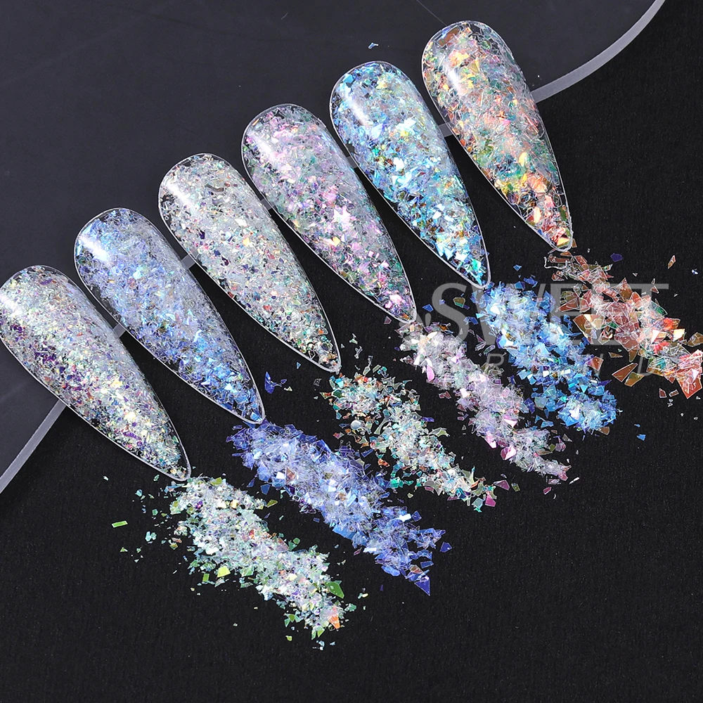 6 botellas de lentejuelas blancas iridiscentes para decoración de uñas, lentejuelas brillantes de sirena, Aurora, rodajas irregulares, escamas, lentejuelas, decoraciones para manicura