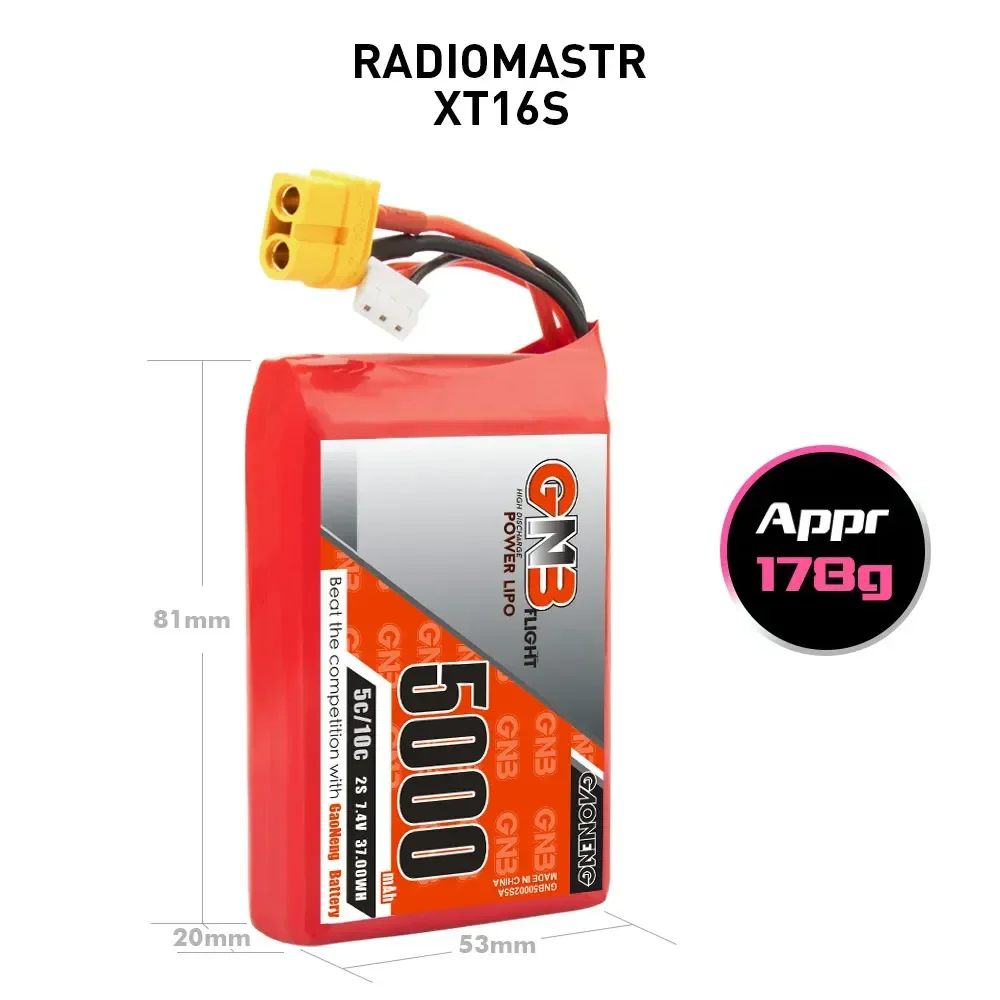 GNB 7.4V 5000mAh 2 s1p 5C/10C bateria Lipo z wtyczką XT60 dla Radiomaster TX16S nadajnik zdalnego sterowania części do zdalnego sterowania