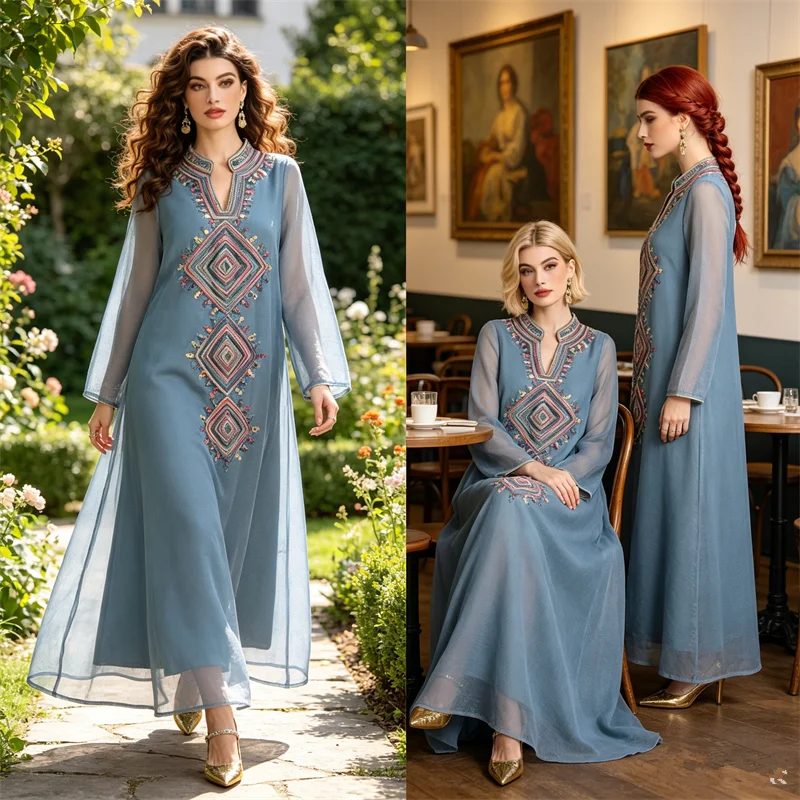 

2026 Ramadan Muslim Embroidery Dress Women Dubai Abaya Eid Mubarak Djellaba Arabic Robe Turkey Kaftan Jalabiya Islam Clothing