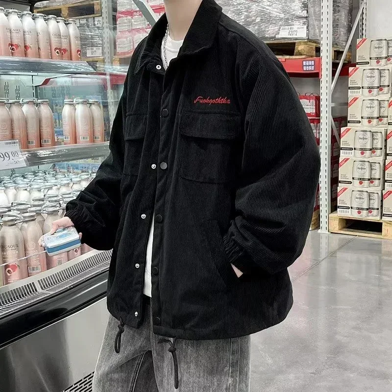 

2026 New Men's Y2K Vintage Corduroy Cargo Jacket Autumn Letter Embroidered Button Jacket Casual Baggy Ropa Hombre Blouse Coats