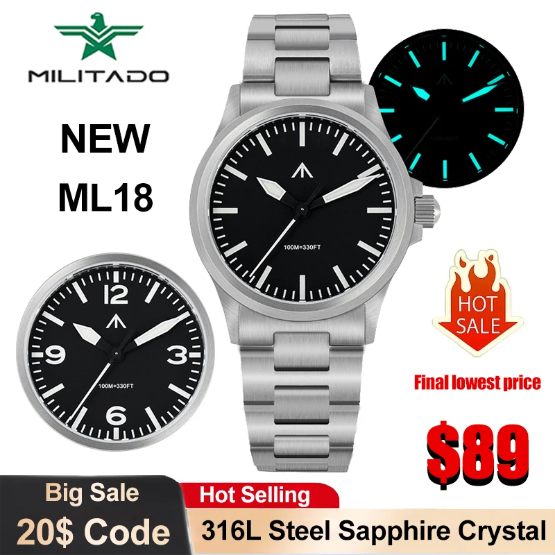 Militado ML18 ساعة كوارتز 316L الصلب القبة الياقوت الكريستال 100 متر مقاوم للماء خمر ساعة اليد VH31 حركة ساعة مضيئة