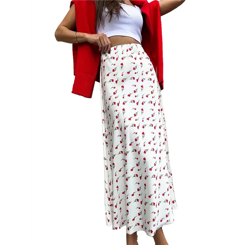 

FX-Women's Floral Print Midi Skirt Casual High Elastic Waist Zipper Vintage Midi Boho Skirts For Women