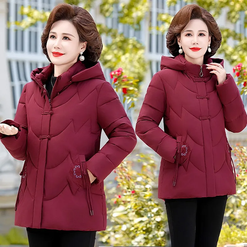 Women\'s Winter Puffer Cotton Padded Jacket Grandma Hooded Fleece Thick Parkas Warm Loose Retro Embroidery Snow Coat Loose Female