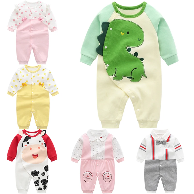 Newborn Autumn Baby Romper Fall Long Sleeves Bowtie Style Dinosaur Boy Girl Clothes Little Gentle Man Penguin Infant Jumpsuits