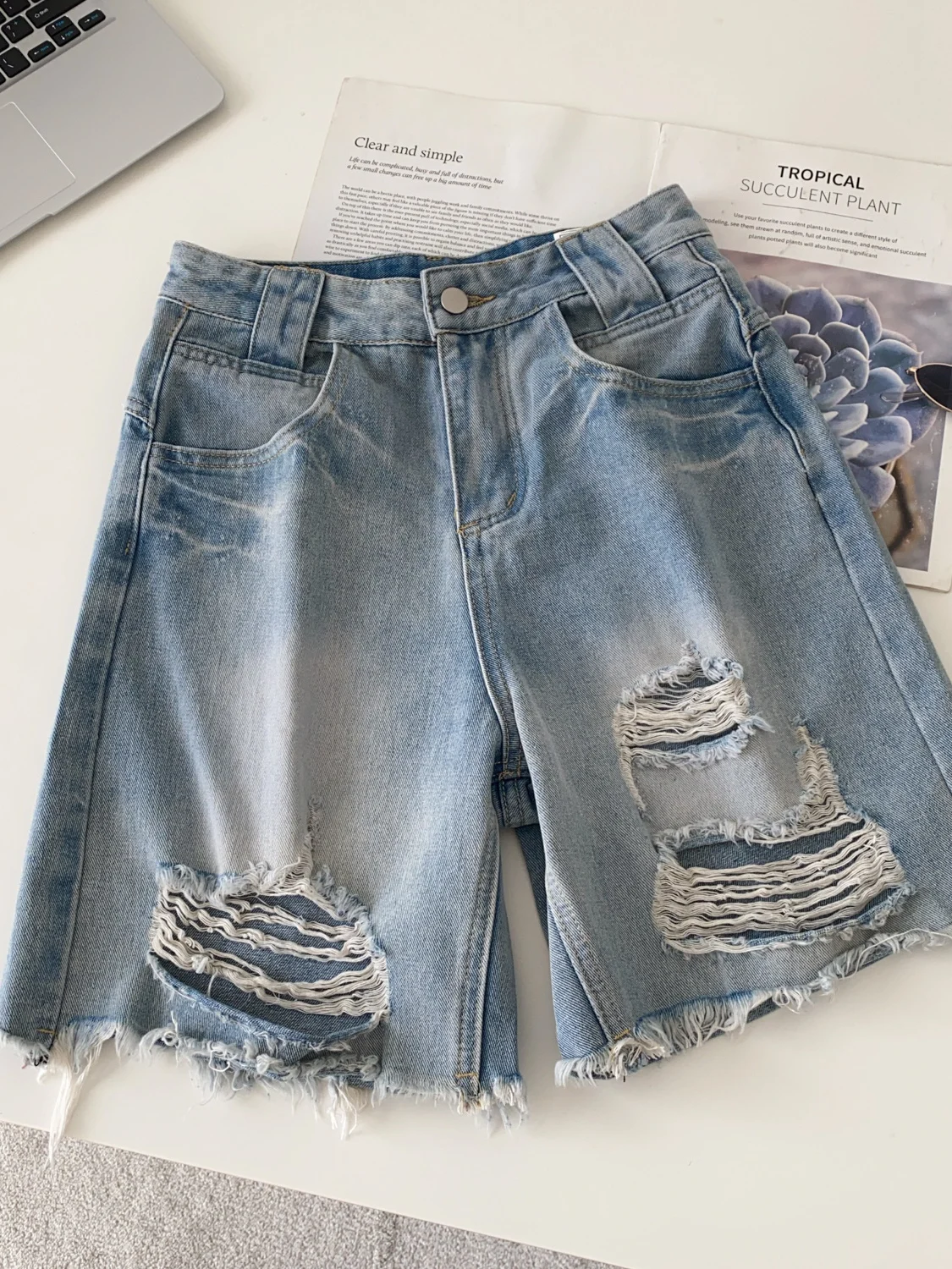 

Casual High Waist Skinny Jeans Women's Five-Point Pants Summer Thin Denim Loose Wide Leg Jeans Torn Hole Design Girls' Jeans
