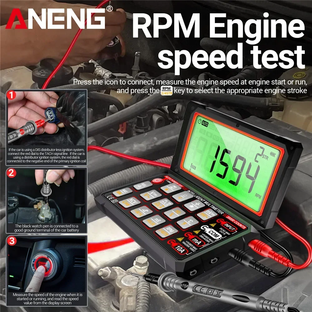 Digital Car Multimeter ANENG 623 Engine Speed Test Auto AC/DC Voltage/Current Ohm Meters Capacitance Car Pulse Width Test Tools